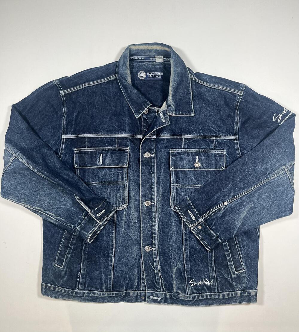 Vintage Southpole Jacket Mens XL Blue Denim Snap Button Pockets Signature Logo